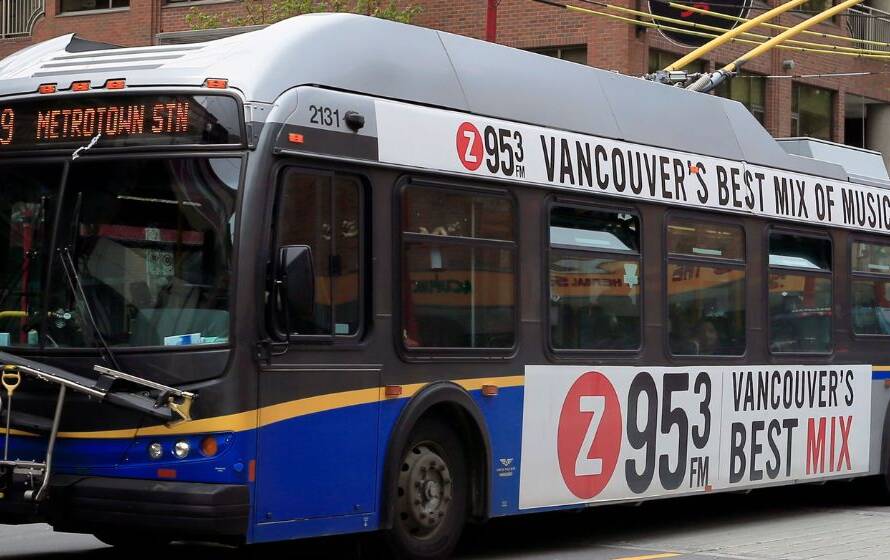 Public transit bus operating in Vancouver, British Columbia, representing transportation corridors commonly used near Lower Mainland border regions and major commuter routes connected to border-crossing communities.