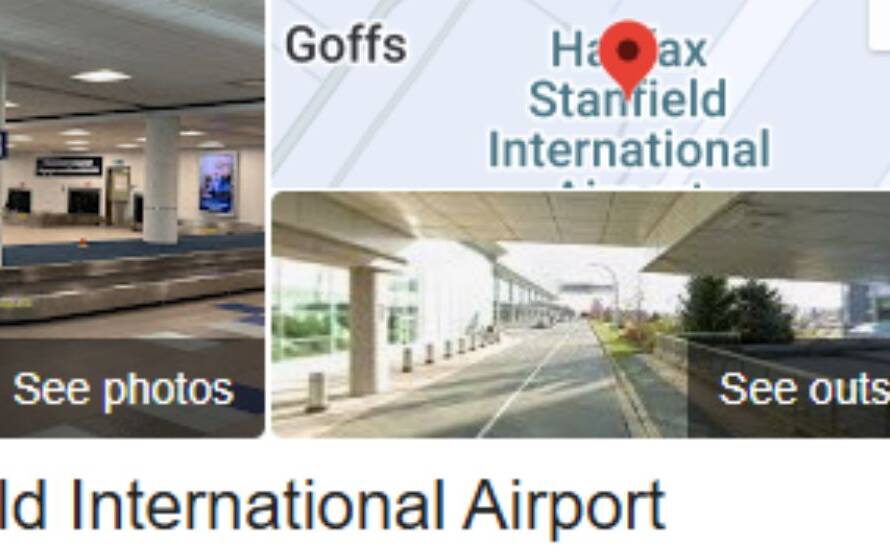 Screenshot of Halifax Stanfield International Airport in Nova Scotia showing airport facilities, baggage claim area, location map, and traveler information. The airport serves as a major entry point for international passengers entering Atlantic Canada.