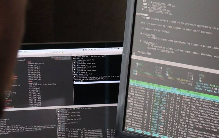 Computer security professional monitoring multiple screens displaying code, system logs, and network activity, representing cyber investigations and digital crime enforcement within border security operations.